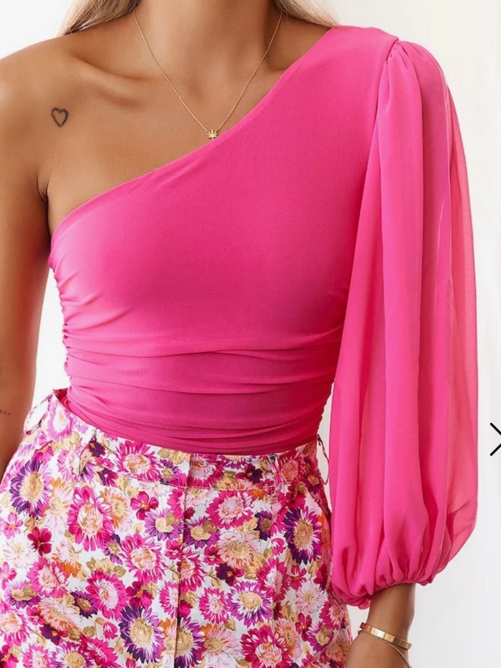 Hello Molly One-Shoulder Puff Sleeve Pink Bodysuit